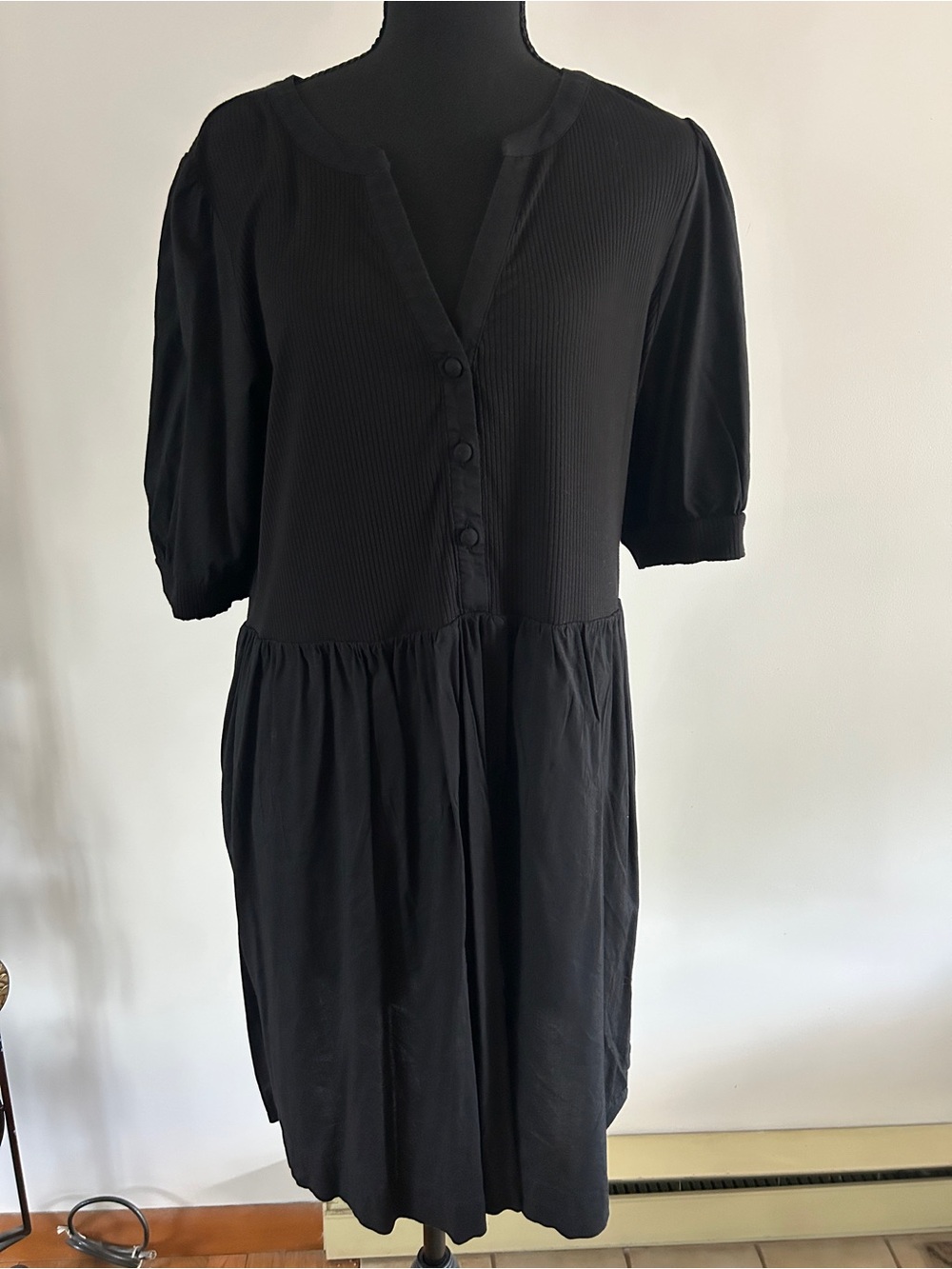 LOFT Black Midi Dress with Button Front and Puff Sleeves